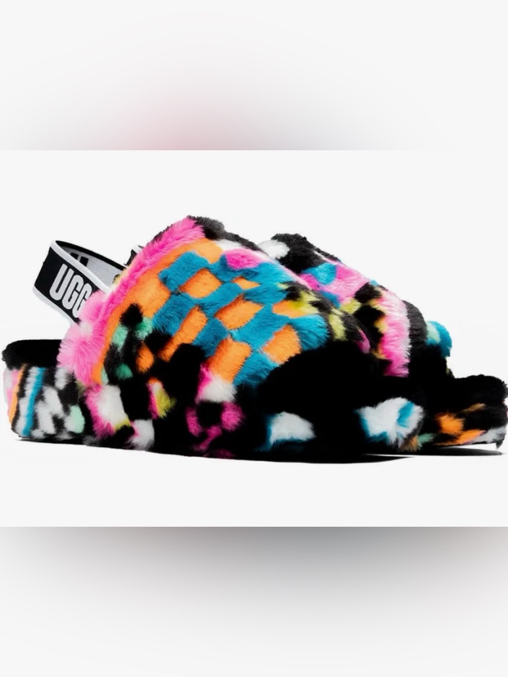 UGG Fluff Yeah Pixelate Multicolor Faux Fur Slides Size 6 NWT